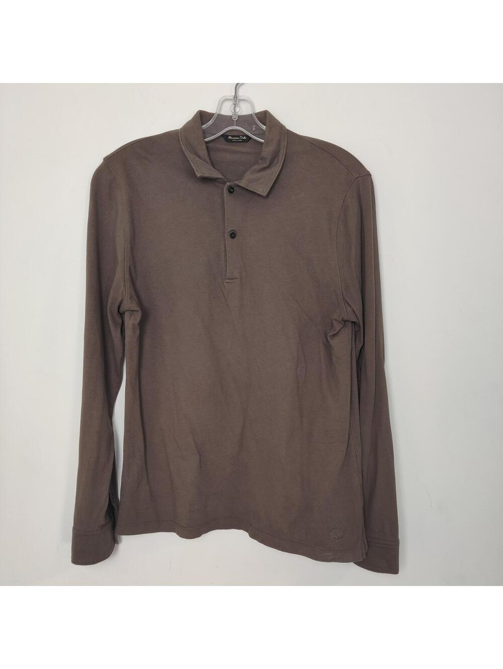 Massimo Dutti Brown Long Sleeve Polo Shirt Mens Cotton Collared Top